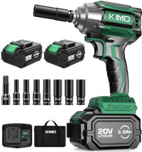 kimo impact wrench 1/2 cordless,475n.m/350ft-lbs max torque & 3000rpm, 2x20v 3.0ah battery, impact gun with 7 drive impact sockets, 3 inch extension bar, 1 hour fast charger impact drill for car tires