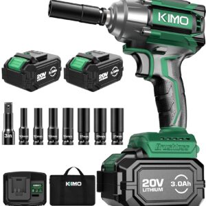 KIMO Impact Wrench 1/2 Cordless,475N.m/350ft-lbs Max Torque & 3000RPM, 2x20V 3.0Ah Battery, Impact Gun with 7 Drive Impact Sockets, 3 Inch Extension Bar, 1 Hour Fast Charger Impact Drill for Car Tires