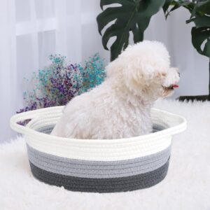 ABenkle Small Basket, 12"x 8" x 5" Cute Small Woven Basket, Rope Room Shelf Storage Basket, Cat Dog Toys Basket Chest Box, Decorative Empty Gift Basket with Handles - White & Grey & Dark Grey