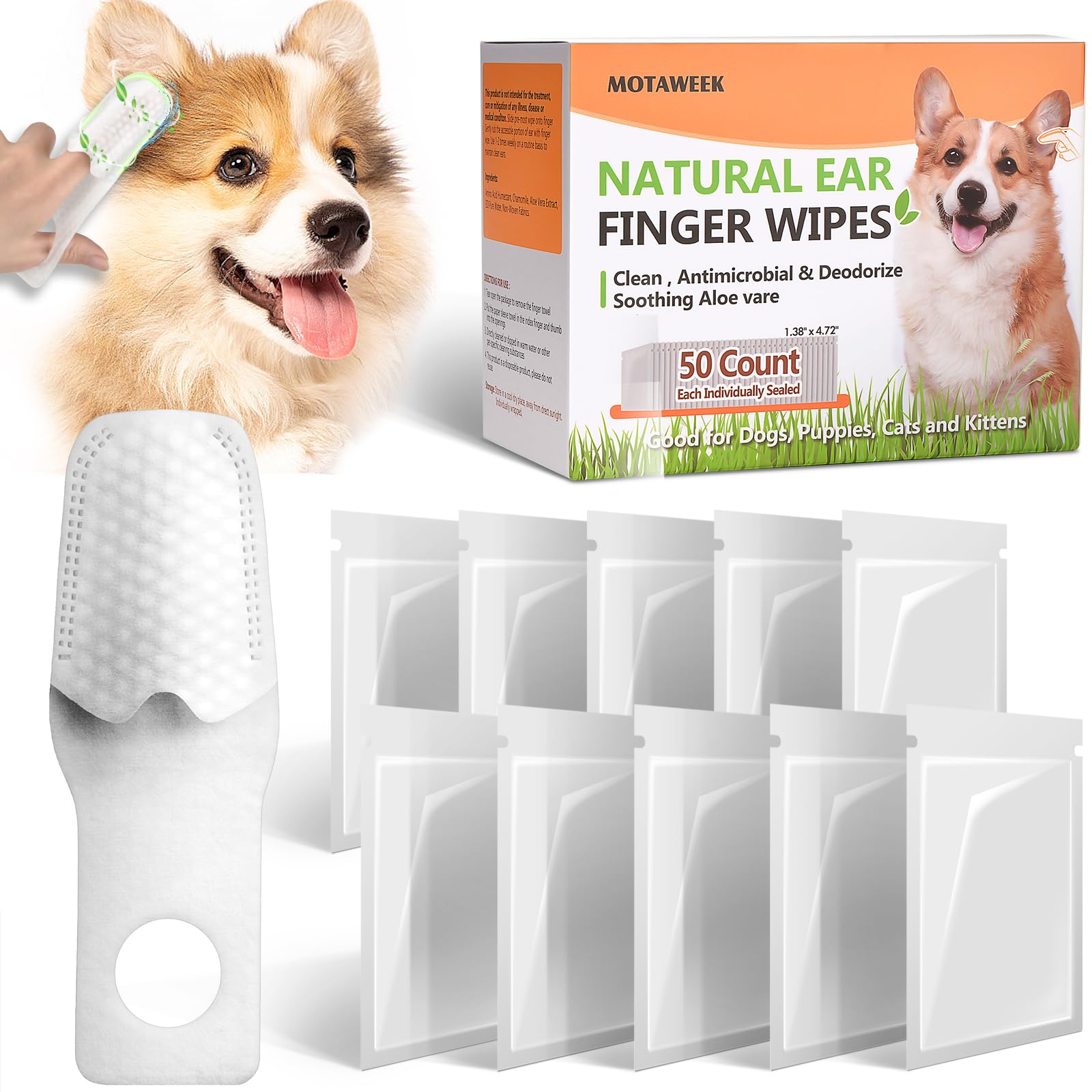 MOTAWEEK Dog Ear Wipes Finger - Portable and Convenient 50-Pack for Gentle Cleaning & Infection Treatment of Dogs' & Cats' Ears, Eyes, and Pets, Fresh and Comfortable Experience