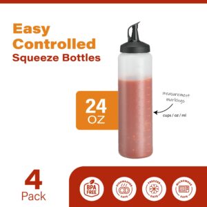 4 Pack Condiment Squeeze Bottles for Sauces - 24 Oz Squirt Bottles for Liquids, Easy Pour Sauce Bottles with Leak Proof Snap Cap, Condiment Bottles, Plastic Squeeze Bottles for Liquids, Ketchup, Oil