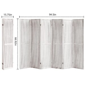 Leesinwing 6 Panel Room Dividers and Folding Privacy Screens, 5.6Ft Wooden Pegboard Display, Privacy Dividers for Bedroom, Portable Dispxlay Board Organizer for Store, Jewelry Display, White