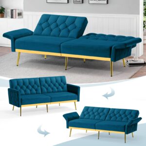 ACMEASE Velvet Sofa Bed w/Adjustable Armrests and Backrests, Modern Convertible Sleeper Sofa, Tufted Futon Sofa for Bedroom, Living Room, Apartment, Teal