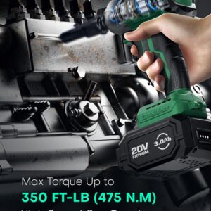 KIMO Impact Wrench 1/2 Cordless,475N.m/350ft-lbs Max Torque & 3000RPM, 2x20V 3.0Ah Battery, Impact Gun with 7 Drive Impact Sockets, 3 Inch Extension Bar, 1 Hour Fast Charger Impact Drill for Car Tires