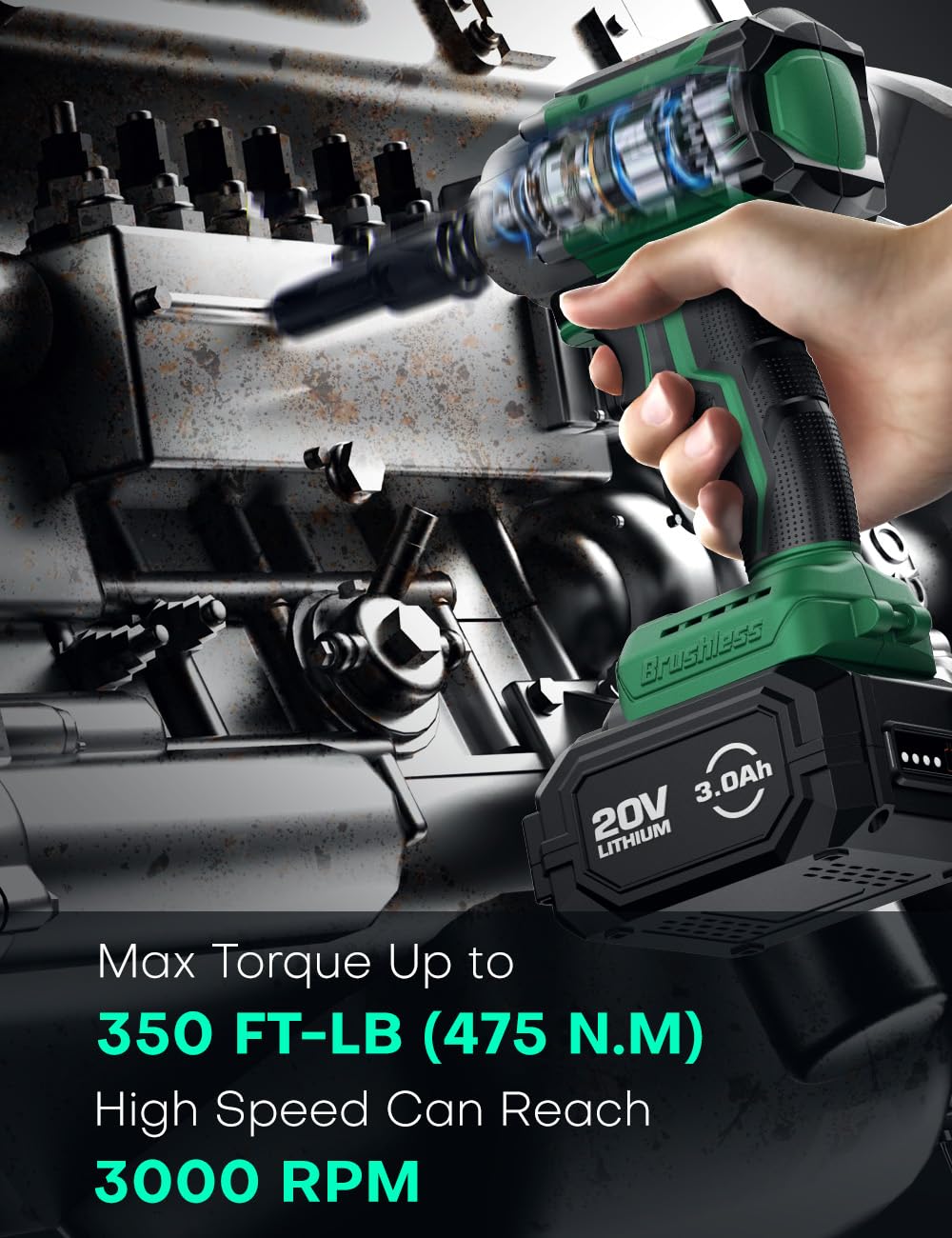 KIMO Impact Wrench 1/2 Cordless,475N.m/350ft-lbs Max Torque & 3000RPM, 2x20V 3.0Ah Battery, Impact Gun with 7 Drive Impact Sockets, 3 Inch Extension Bar, 1 Hour Fast Charger Impact Drill for Car Tires