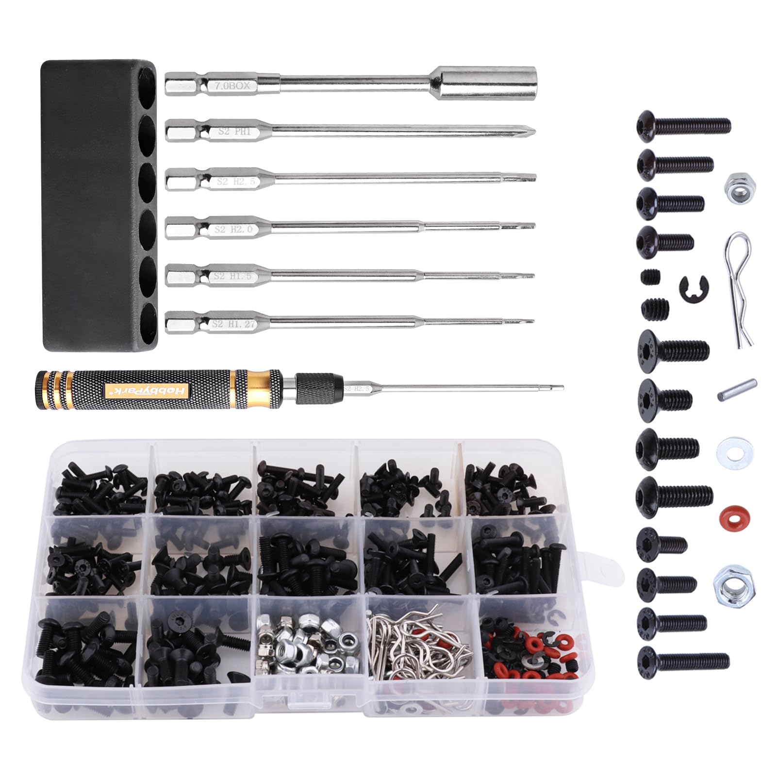 HobbyPark RC Car Screws Kit 530pcs & Tools Screw Driver Set 1/4 inch Hex Handle 1.27/1.5/2.0/2.5mm Hex Nut Driver 7mm Phillips Bit