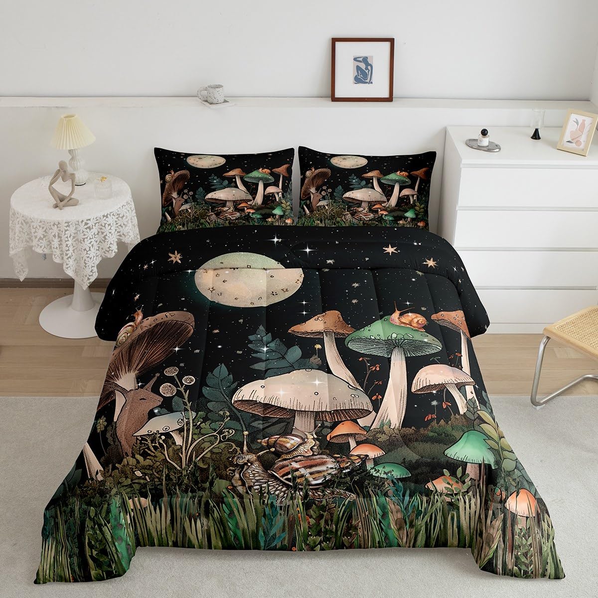 Feelyou Mushroom Comforter Twin Size for Boys Girls, Galaxy Star Mushroom Comforter Set Natural Wild Fungus Bedding Set Cute Mushroom Decor Duvet Set Durable Bed Set 2Pcs