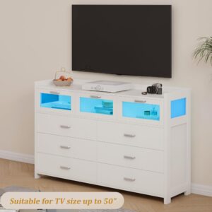 Whalefall White Dresser for Bedroom with 9 Drawers, Chests of Drawers with LED Lights and Charging Station, Modern Dresser with 3 Visual Drawers, Wood Wide LED Dresser for Bedroom, Closet,Entryway