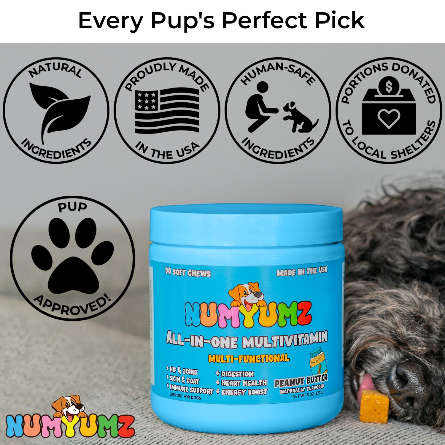 Numyumz Natural 15-in-One Complete Daily Multivitamin Dog Chew Supplement - Joint Health, Omega-3 Fatty Acids, Vitamins, Immune Support - Tasty Treats for Healthy Coat, Skin, Bones - 90 Soft Chews