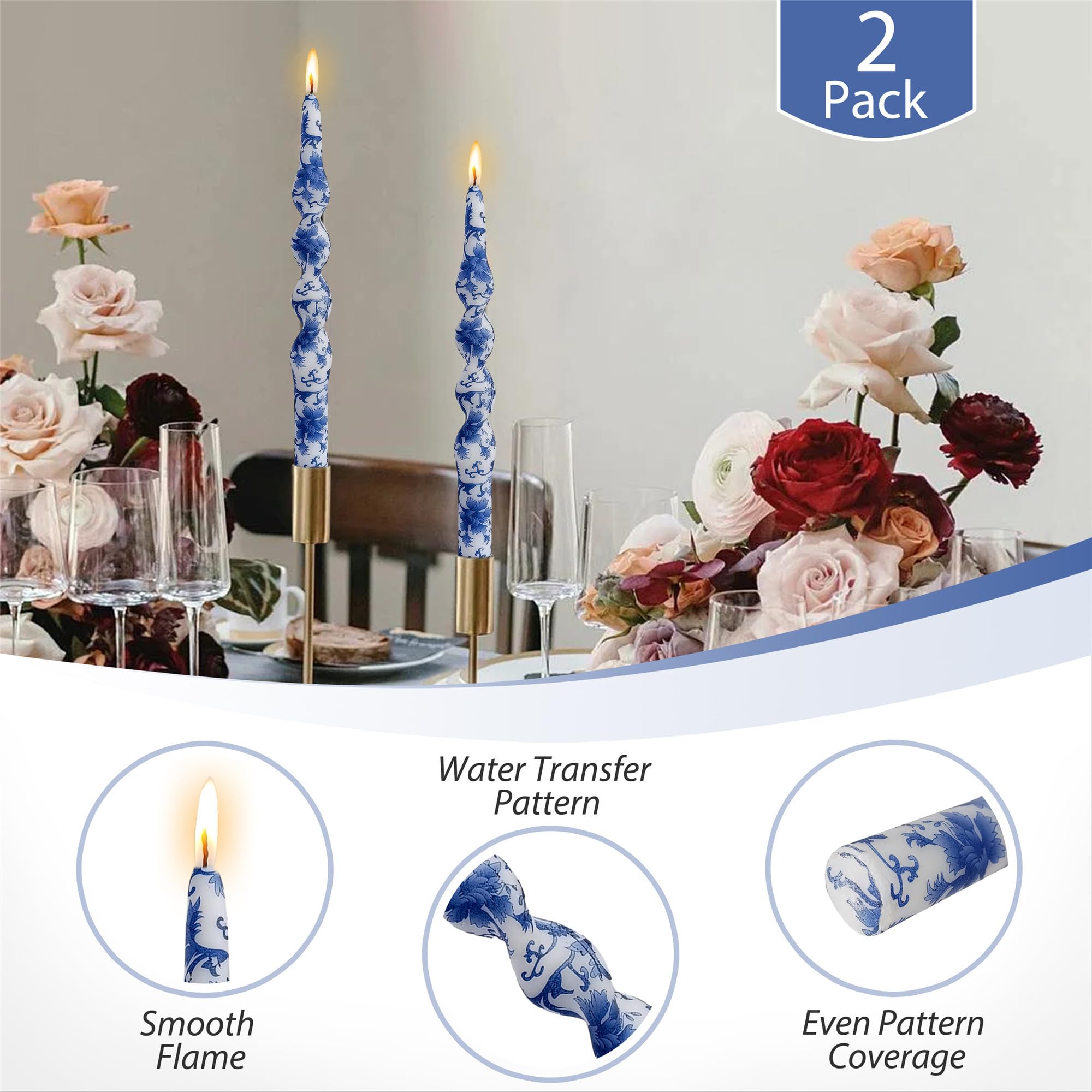 Floral Candlesticks Spiral Taper Candles - Gedengni Set of 2 Blue and White Twisted Candlesticks 10 Inches Long Candle Sticks Colorful Tapered Candles for Household Dinner Wedding Party (1D2T-BLUWHT)