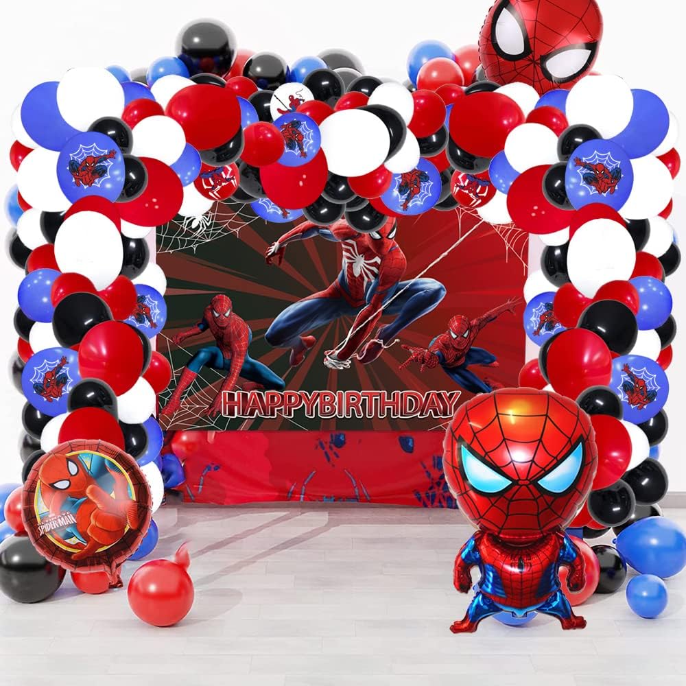 Spider Party Balloons Arch Garland Kit, 115 Pieces Latex Balloons with Foil Balloons Happy Birthday Backdrop for Kids Birthday Party Baby Shower Decorations