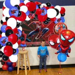 Spider Party Balloons Arch Garland Kit, 115 Pieces Latex Balloons with Foil Balloons Happy Birthday Backdrop for Kids Birthday Party Baby Shower Decorations