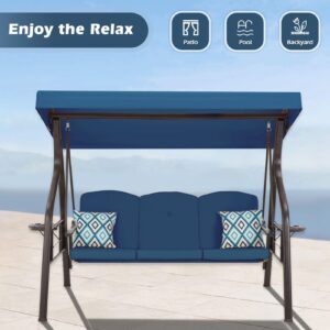 ZZW 3-Seat Outdoor Porch Swing with Stand, Patio Swing with Canopy, 2 in 1 Porch Swing Bed & Patio Swing Chair for Adult, Yard Swing w/Extra Pillows and Cup Holder (Blue)