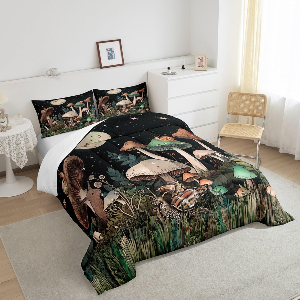 Feelyou Mushroom Comforter Twin Size for Boys Girls, Galaxy Star Mushroom Comforter Set Natural Wild Fungus Bedding Set Cute Mushroom Decor Duvet Set Durable Bed Set 2Pcs