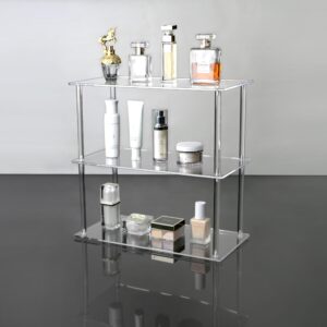 Jusalpha Rectangular 3 Tier Clear Acrylic with Metal Tabletop Display Stand for Desktop Shelf, Bathroom Vanity Cosmetic Makeup Organization Shelves, Home Decor Display Stand (Large 3 Tier)