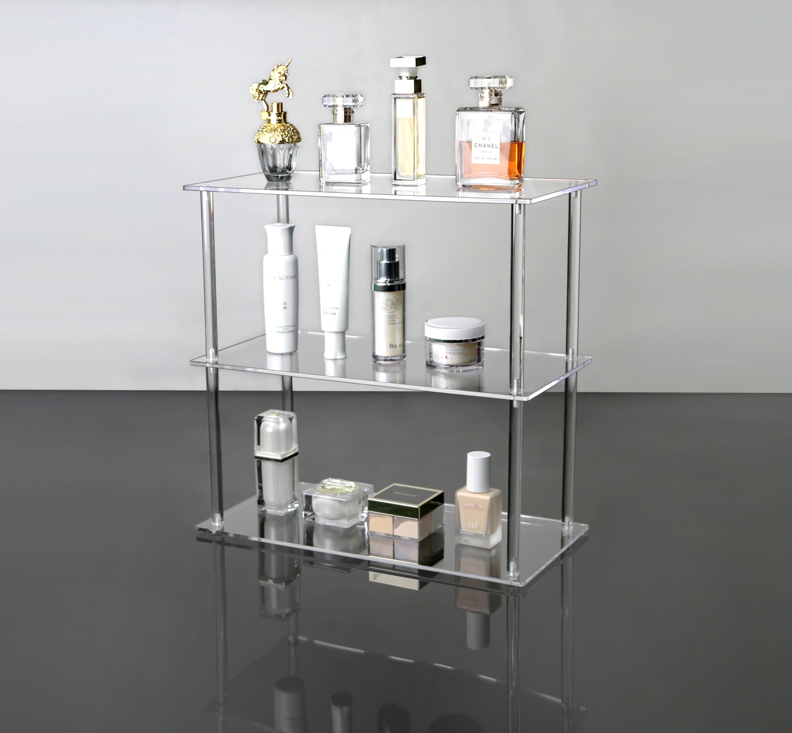 Jusalpha Rectangular 3 Tier Clear Acrylic with Metal Tabletop Display Stand for Desktop Shelf, Bathroom Vanity Cosmetic Makeup Organization Shelves, Home Decor Display Stand (Large 3 Tier)