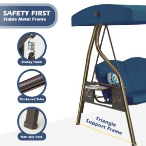 ZZW 3-Seat Outdoor Porch Swing with Stand, Patio Swing with Canopy, 2 in 1 Porch Swing Bed & Patio Swing Chair for Adult, Yard Swing w/Extra Pillows and Cup Holder (Blue)