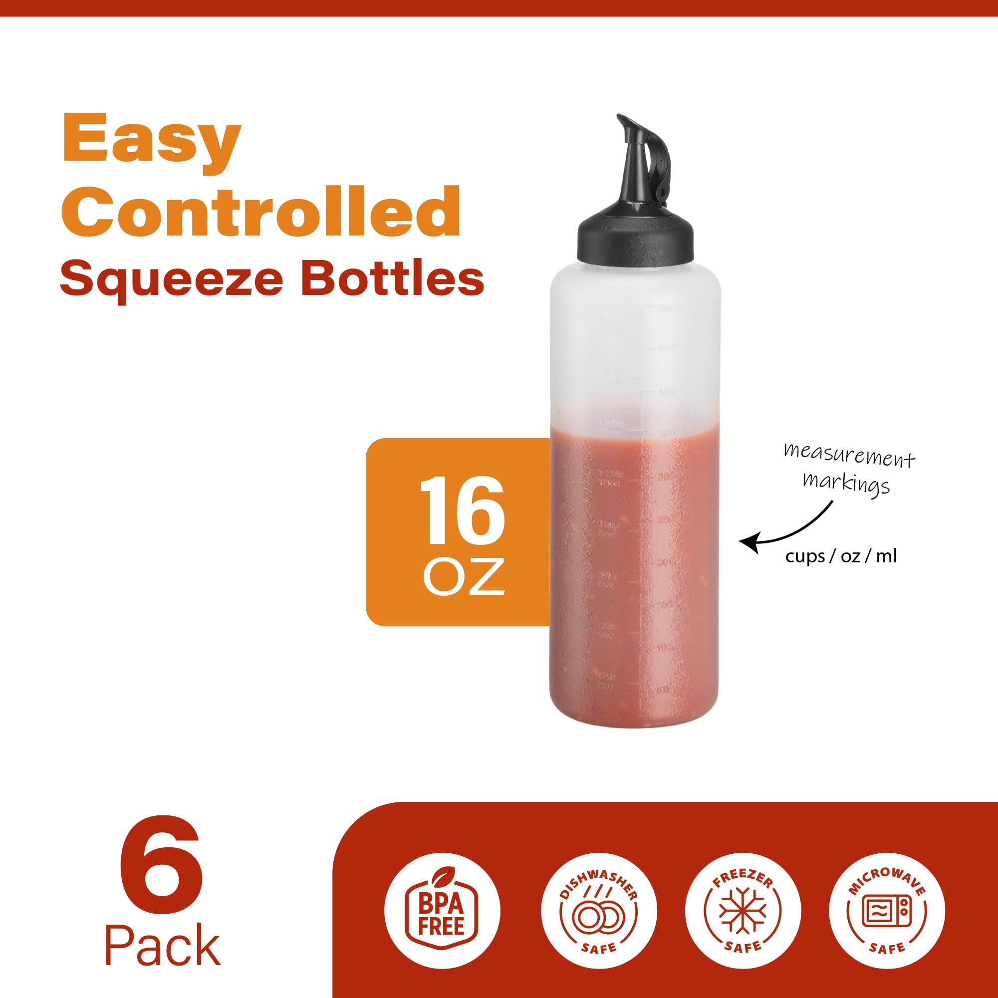 MIGHTY STRONG 16 OZ Condiment Squeeze Bottles for Sauces - Squirt Bottles for Liquids, Easy Pour Sauce Bottles with Leak Proof Snap Cap, Condiment Bottles, Plastic Squeeze Bottles (Classic, 6, Count)