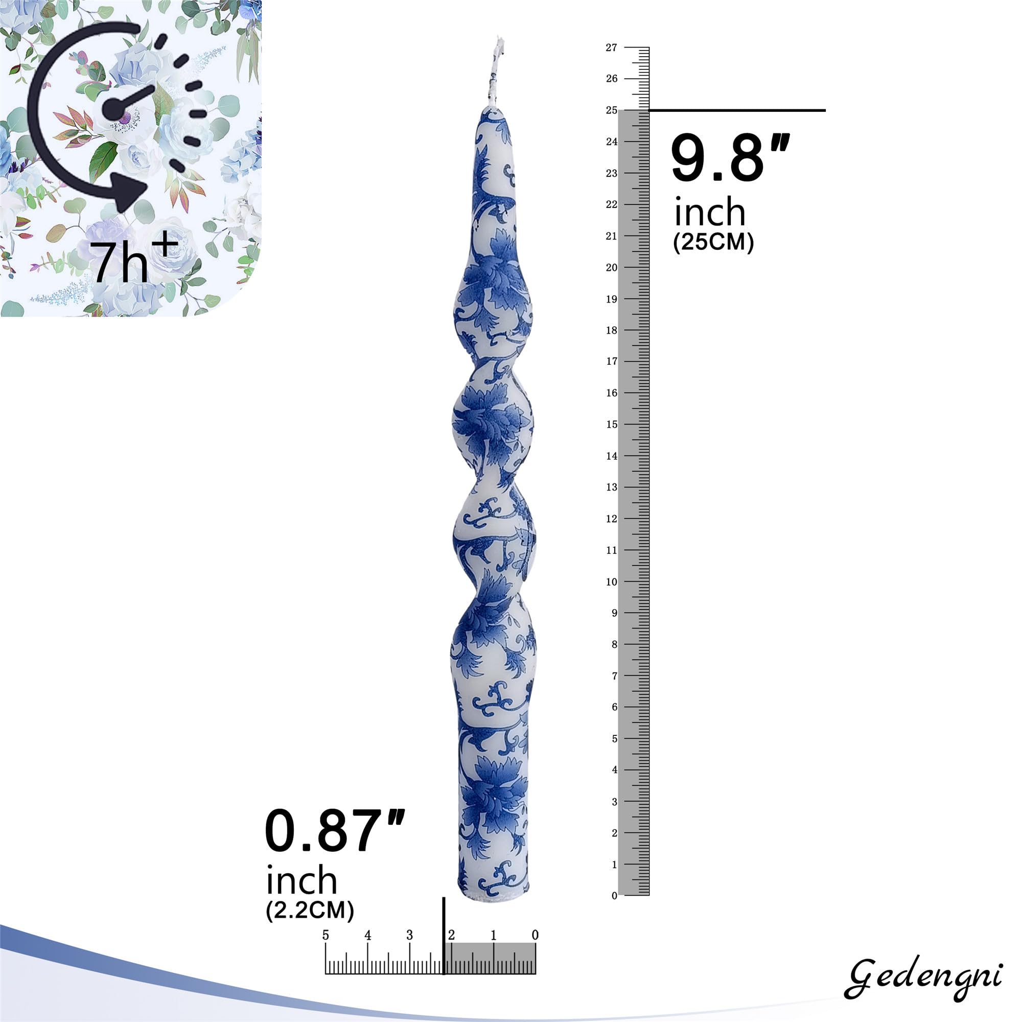 Floral Candlesticks Spiral Taper Candles - Gedengni Set of 2 Blue and White Twisted Candlesticks 10 Inches Long Candle Sticks Colorful Tapered Candles for Household Dinner Wedding Party (1D2T-BLUWHT)