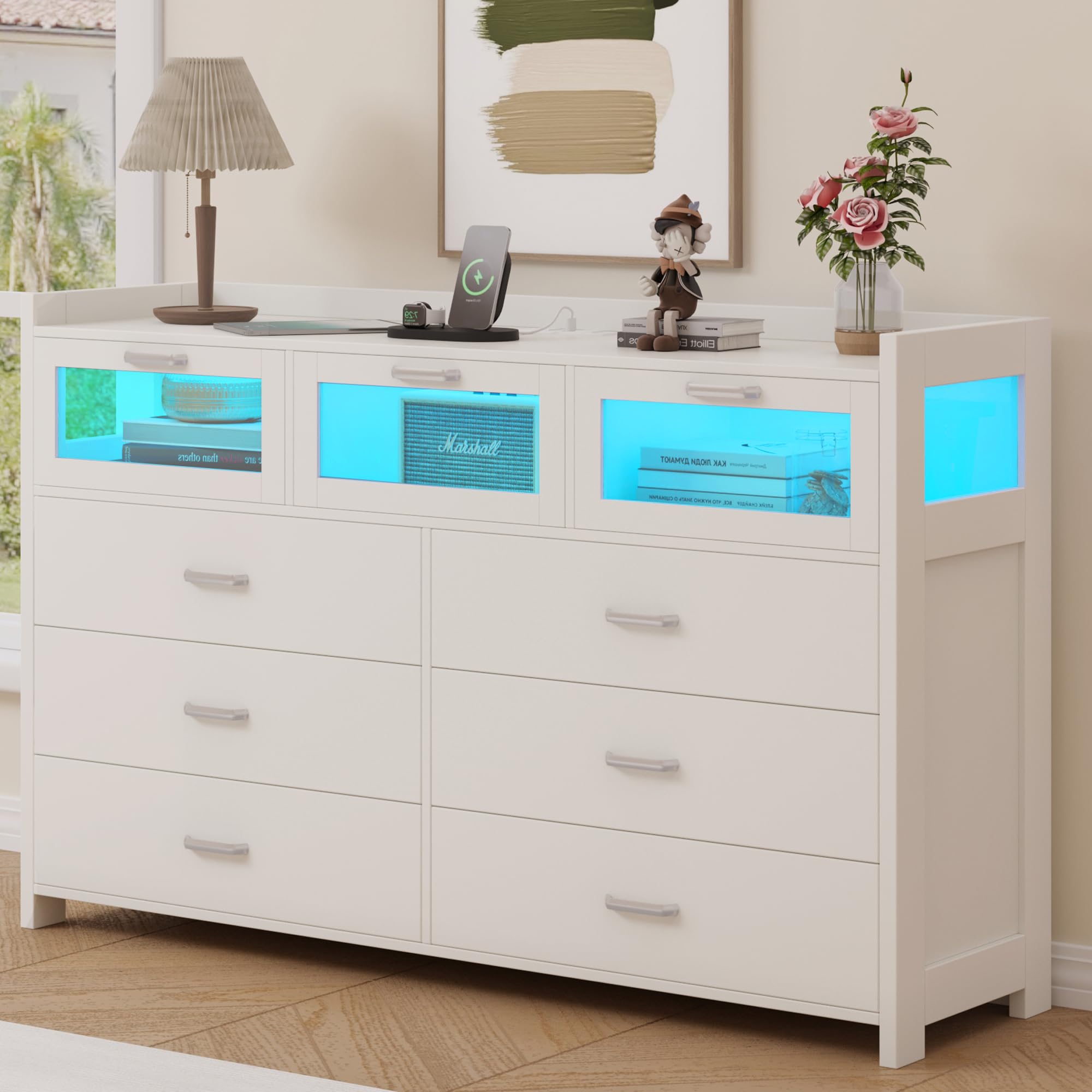 Whalefall White Dresser for Bedroom with 9 Drawers, Chests of Drawers with LED Lights and Charging Station, Modern Dresser with 3 Visual Drawers, Wood Wide LED Dresser for Bedroom, Closet,Entryway