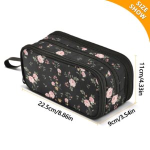 Pencil Case Big Capacity for Girl Boy Rose Floral Pink Flower Black Student Pencil bag Pen Pouch Large Stationery 3 Compartments Zippers Organizer School College Office Teens Adults