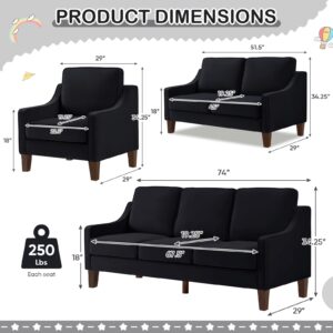 Deolme Black Sectional Sofa Set 3 Piece, Modern Comfy Velvet Upholstered 3-Seater Couch, Loveseat and Chair for Living Room Furniture Sets juegos de muebles de sala Small Spaces Office