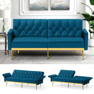 acmease velvet sofa bed w/adjustable armrests and backrests, modern convertible sleeper sofa, tufted futon sofa for bedroom, living room, apartment, teal