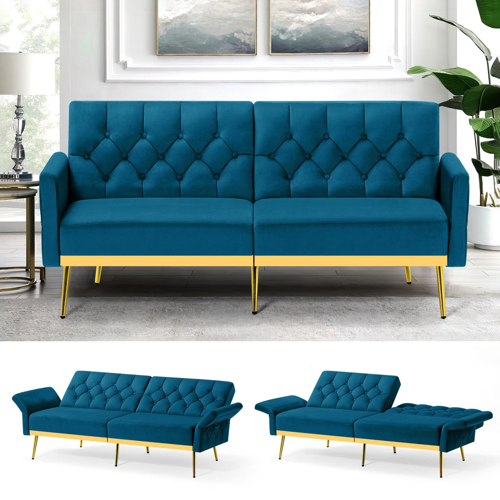 ACMEASE Velvet Sofa Bed w/Adjustable Armrests and Backrests, Modern Convertible Sleeper Sofa, Tufted Futon Sofa for Bedroom, Living Room, Apartment, Teal