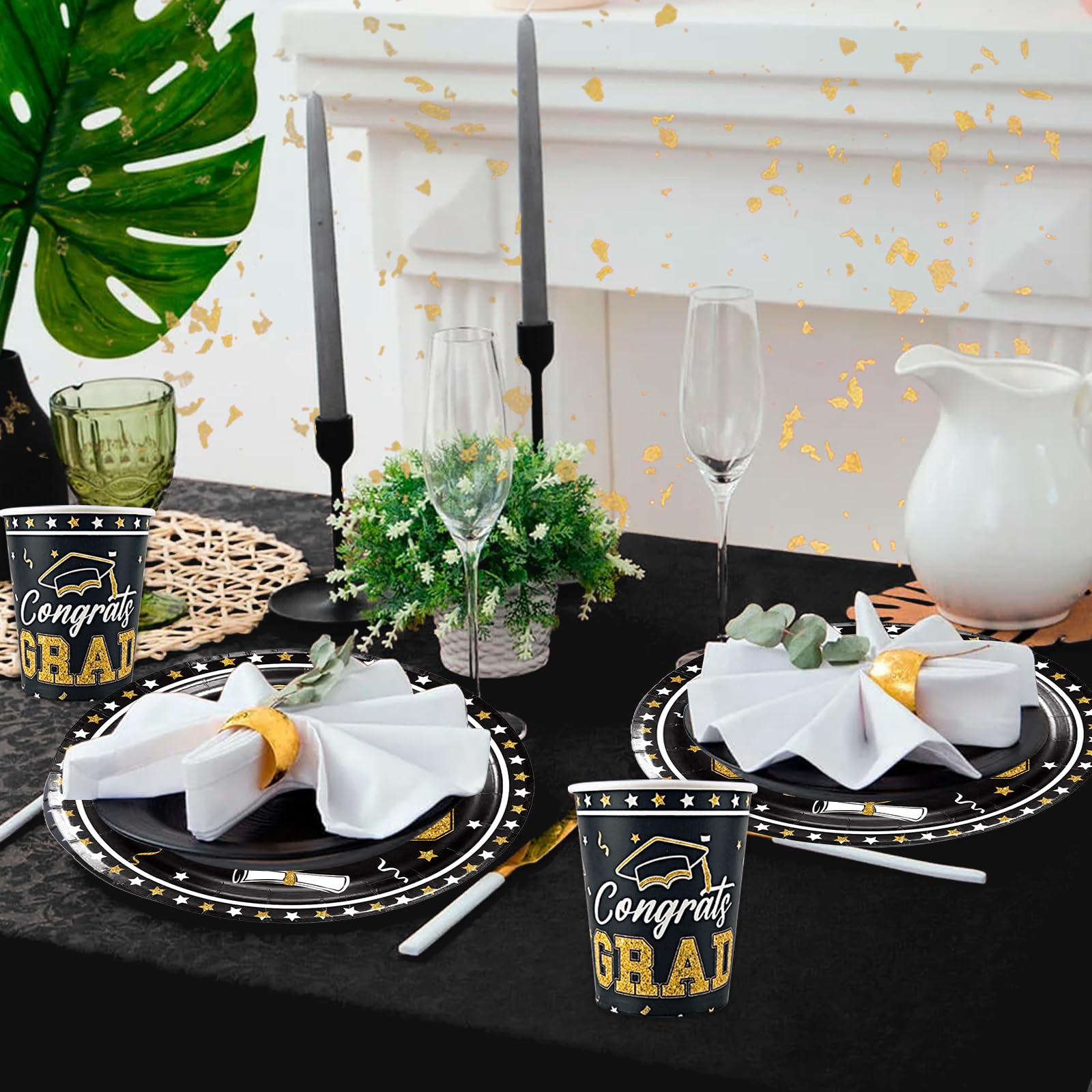 168PCS Graduation Party Decorations Dinnerware Set - Class of 2024 Decorations - Plates Napkins Cups Knife Fork Spoon(Black-Gold)