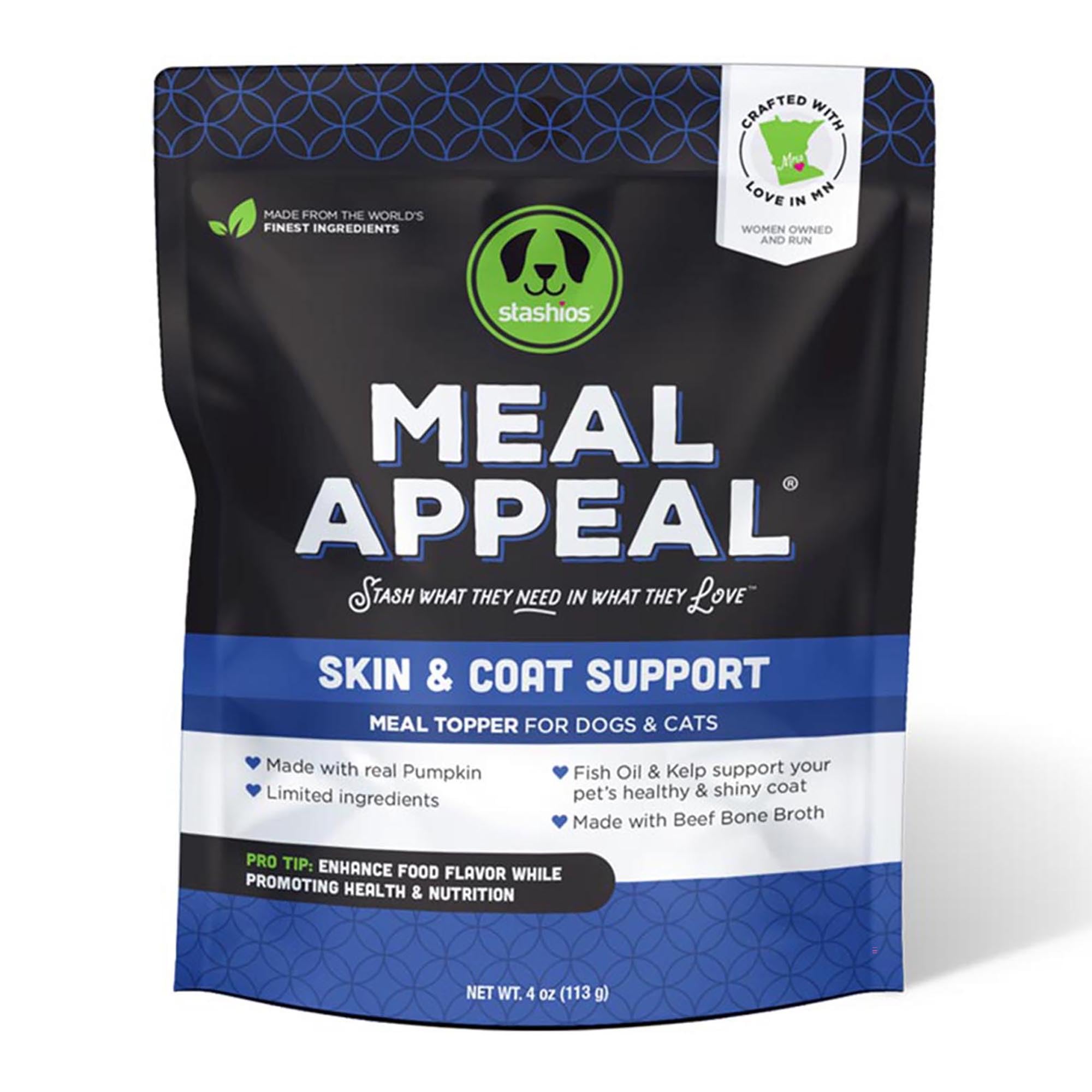 Stashios: Meal Appeal: Skin & Coat Support Food Topper - Beef 4 Oz, Dogs & Cats, Slow Baked Powder, Enhance Food Flavor, Support Nutrition & Health