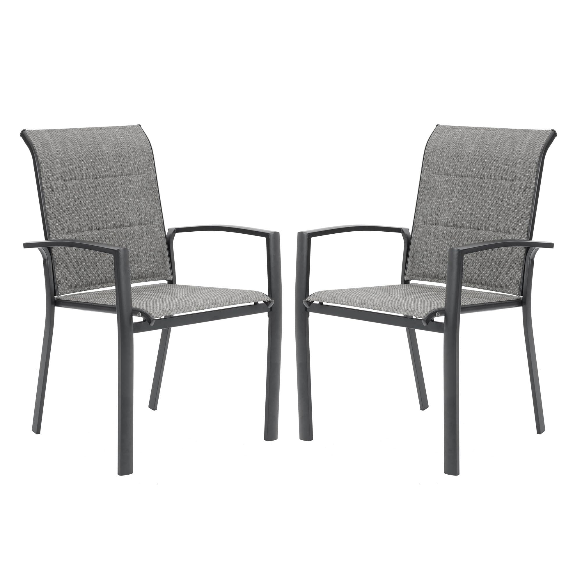 VICLLAX Patio Stackable Dining Chairs Set for 2, Outdoor Padded Metal Dining Chairs Lawn Chairs for Garden Yard Deck, Support 300 lbs, Dark Grey Frame & Grey Tone Fabric