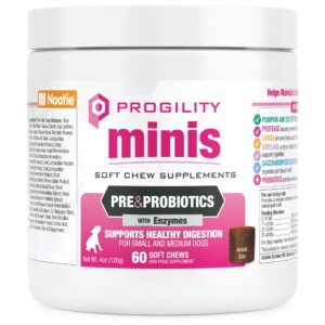 nootie progility mini pre & probiotic supplement, digestive aid supplement for dogs, 60 soft chews per container