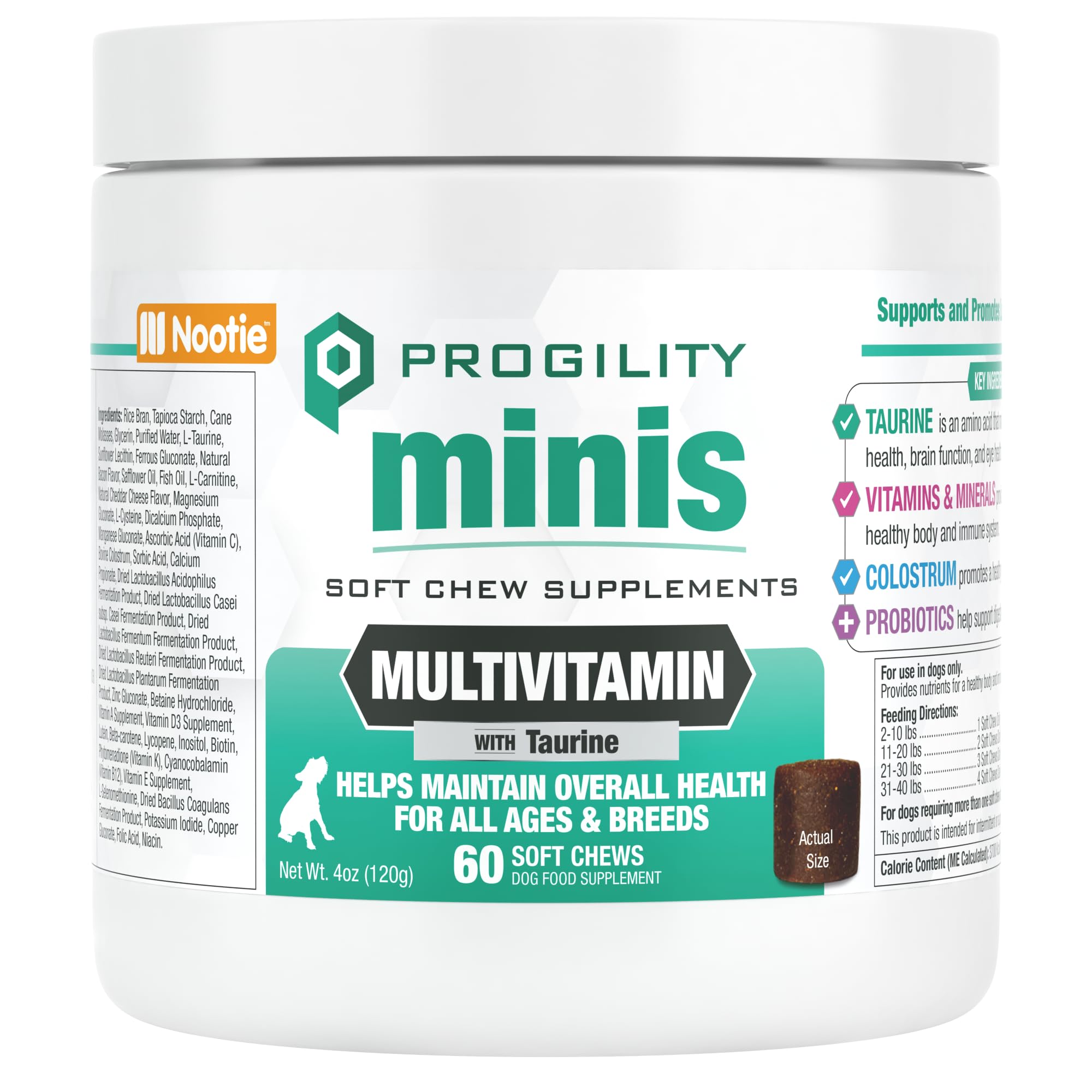 Nootie Progility Mini Multvitamin for Small Dogs, Multivitamin Supplement for Dogs with Taurine, 60 Soft Chews per Container