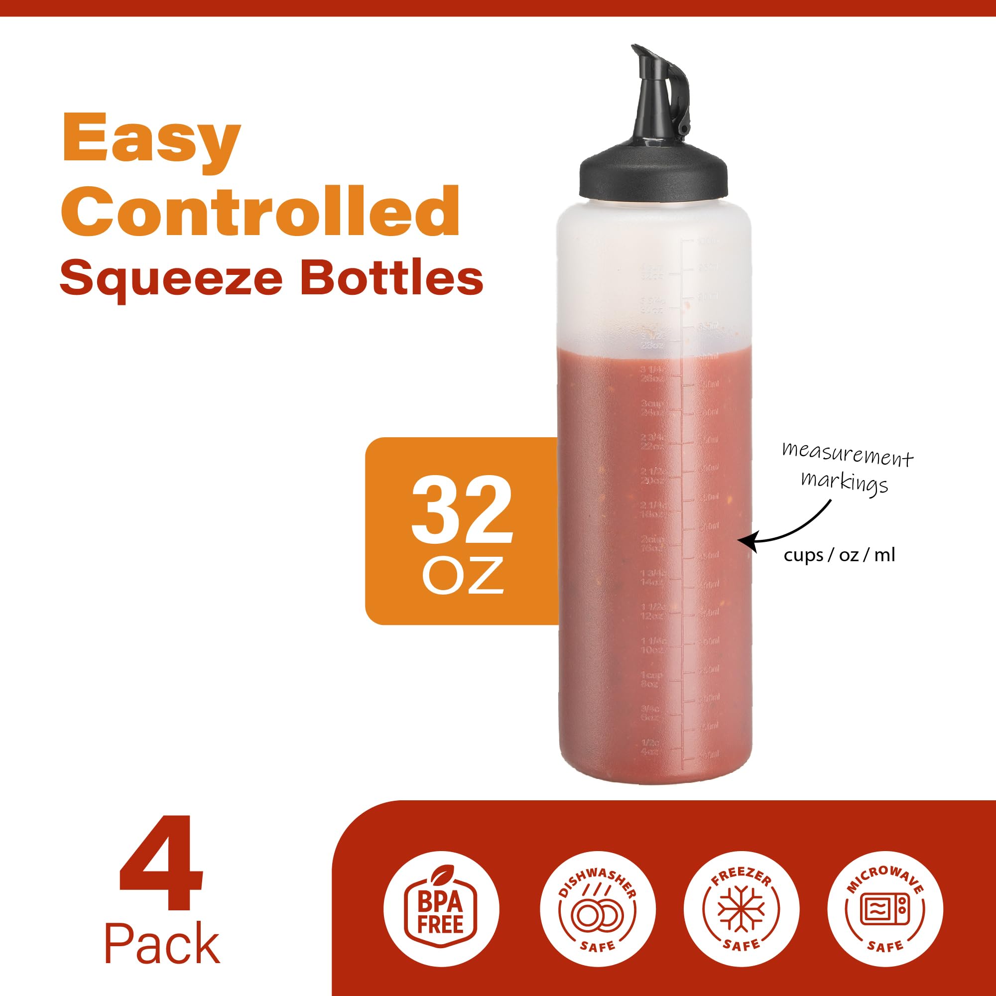 MIGHTY STRONG Condiment Squeeze Bottles for Sauces - 32 Oz Squirt Bottles for Liquids, Easy Pour Sauce Bottles with Leak Proof Snap Cap, Condiment Bottles, Plastic Squeeze Bottles (Classic, 4, Count)