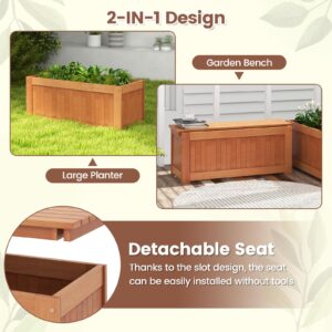 Giantex 2-in-1 Outdoor Bench, Wood Raised Garden Bed with Open Base, Teak Oil Finish, Rectangular Deep Planter Boxes for Flowers Fruit Vegetable, Bench Seat for Porch Yard Balcony Lawn