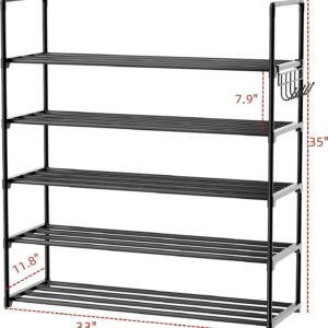 HOMICKER Metal Shoe Organizer,5 Tiers Shoe Storage Shoe Rack with Hooks,Fit 20-25 Pairs,Adjustable Shoe Shelf for Entryway,Hallway,Bedroom,Metal Bottom Support