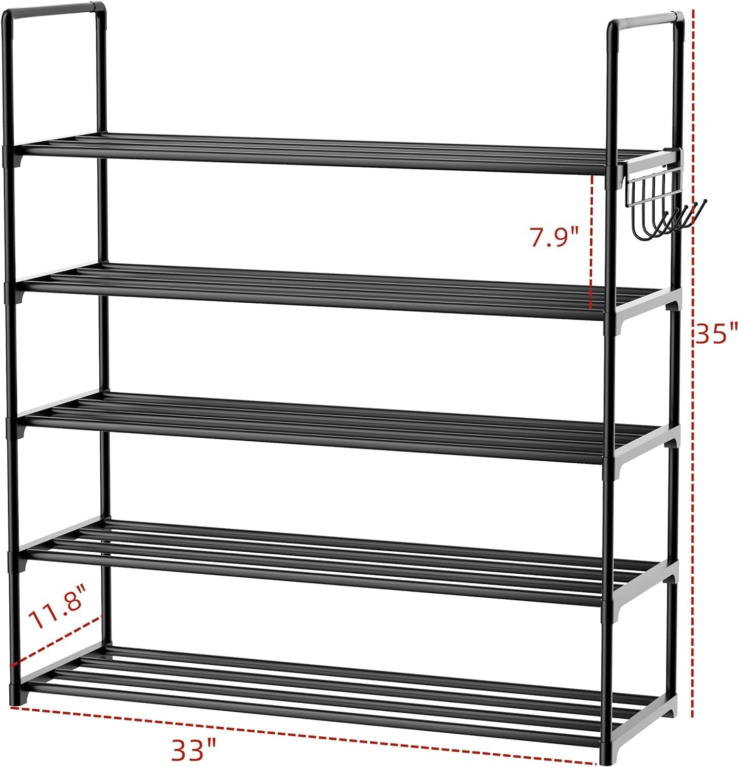 HOMICKER Metal Shoe Organizer,5 Tiers Shoe Storage Shoe Rack with Hooks,Fit 20-25 Pairs,Adjustable Shoe Shelf for Entryway,Hallway,Bedroom,Metal Bottom Support