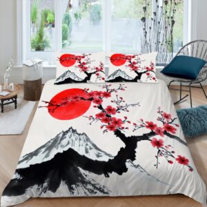 ccoutuechen japanese cherry duvet cover queen size, blossom botanical floral comforter cover, abstract fuji mountain bedding set, soft and breathable with zipper closure & corner ties