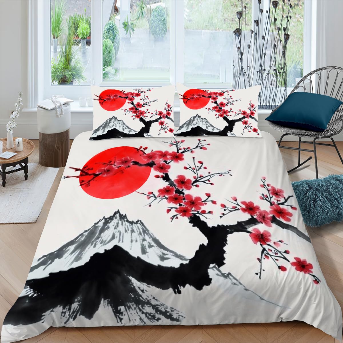 CCoutueChen Japanese Cherry Duvet Cover Queen Size, Blossom Botanical Floral Comforter Cover, Abstract Fuji Mountain Bedding Set, Soft and Breathable with Zipper Closure & Corner Ties