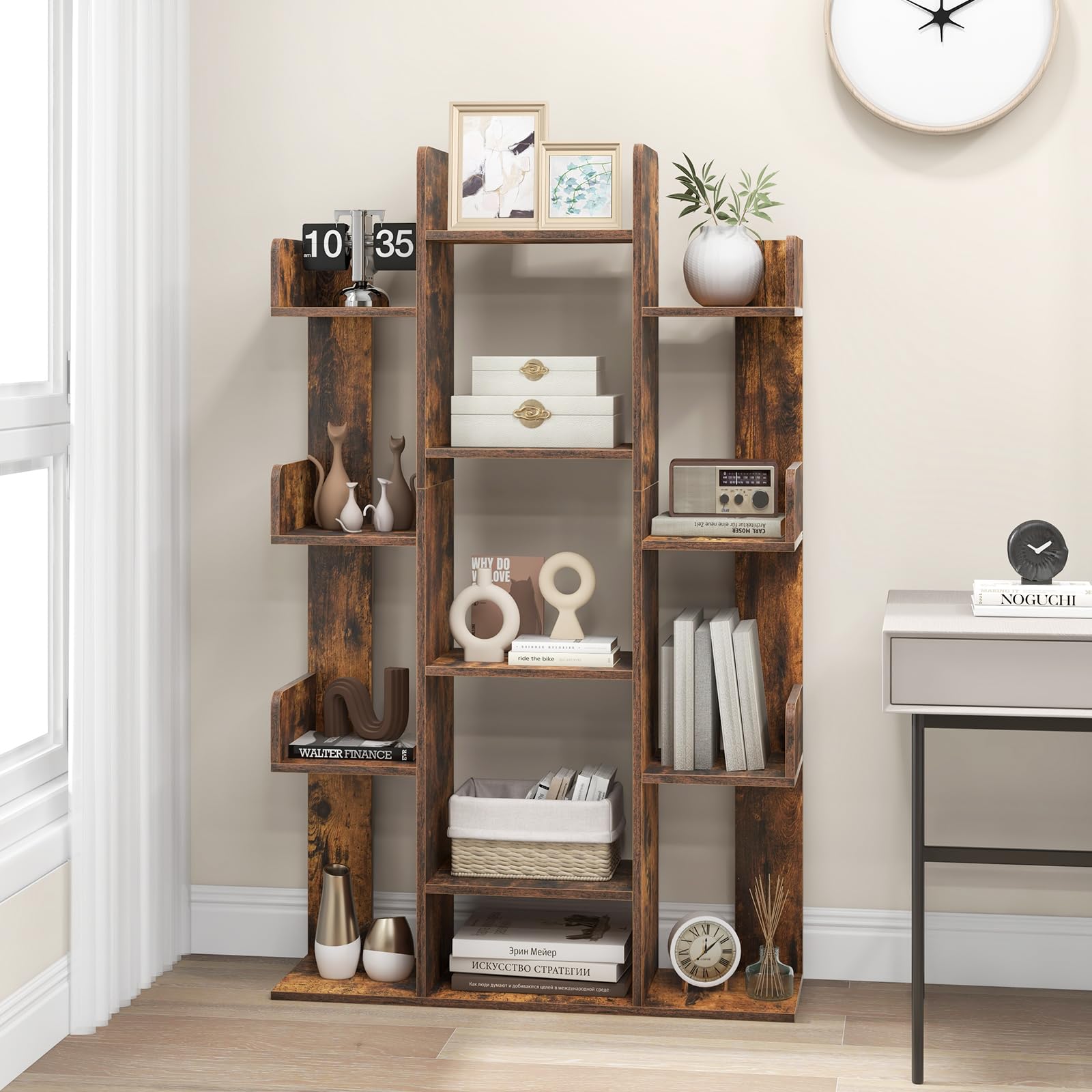 Giantex 7-Cube Tree Bookshelf, 55.5" Wooden Bookcase with 13 Open Shelves, Tall Corner Books Storage Organizer, Freestanding Decorative Display Cube Shelf for Living Room, Study (Rustic Brown)