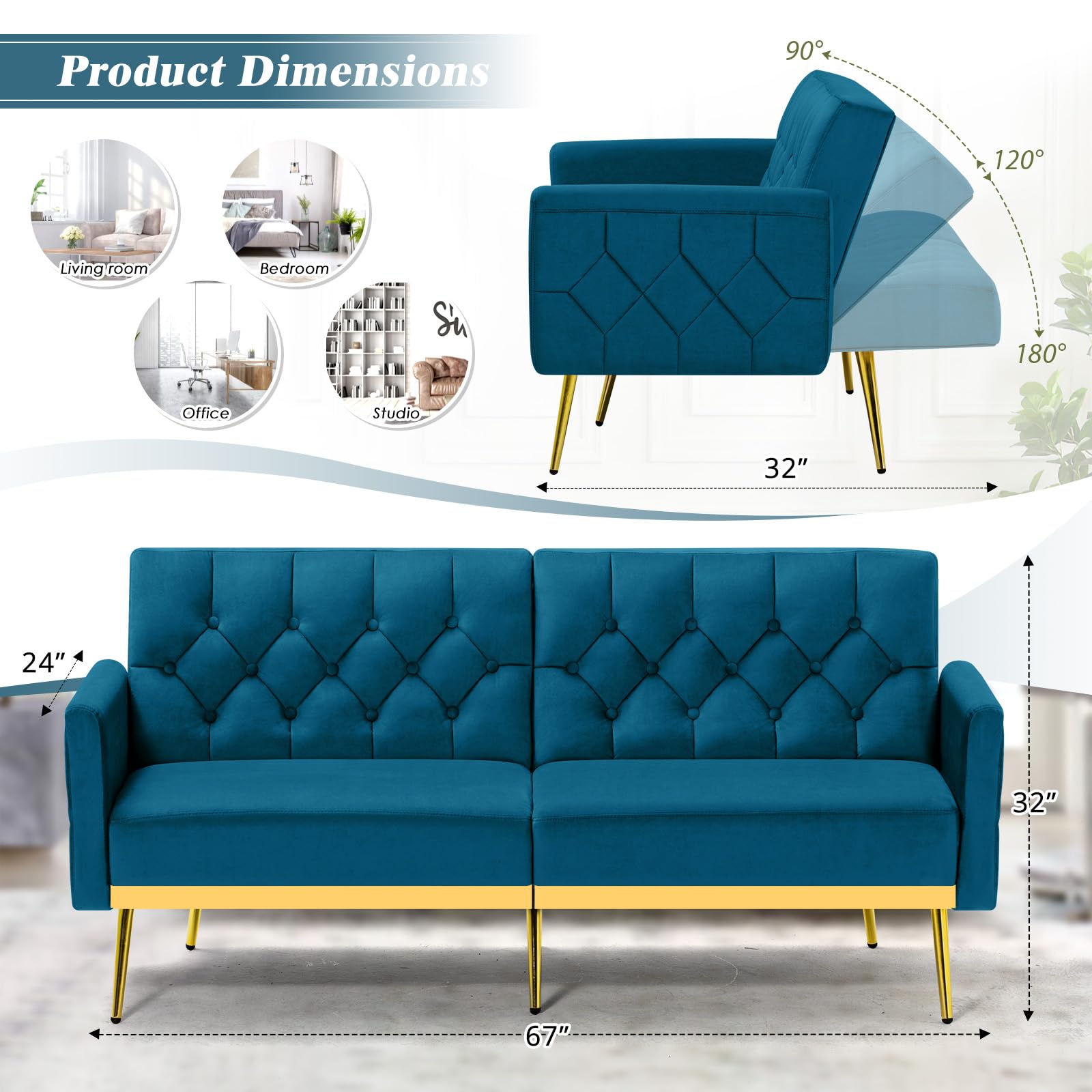 ACMEASE Velvet Sofa Bed w/Adjustable Armrests and Backrests, Modern Convertible Sleeper Sofa, Tufted Futon Sofa for Bedroom, Living Room, Apartment, Teal