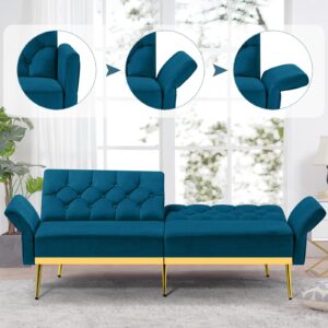 ACMEASE Velvet Sofa Bed w/Adjustable Armrests and Backrests, Modern Convertible Sleeper Sofa, Tufted Futon Sofa for Bedroom, Living Room, Apartment, Teal