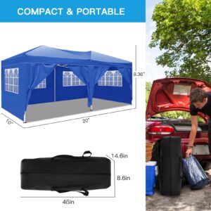 Rovibek 10x20 Pop Up Canopy with Sidewalls Tents for Parties Outdoor Backyard Party Tent Carport Canopy, with Sandbags, Storage Bag, Blue