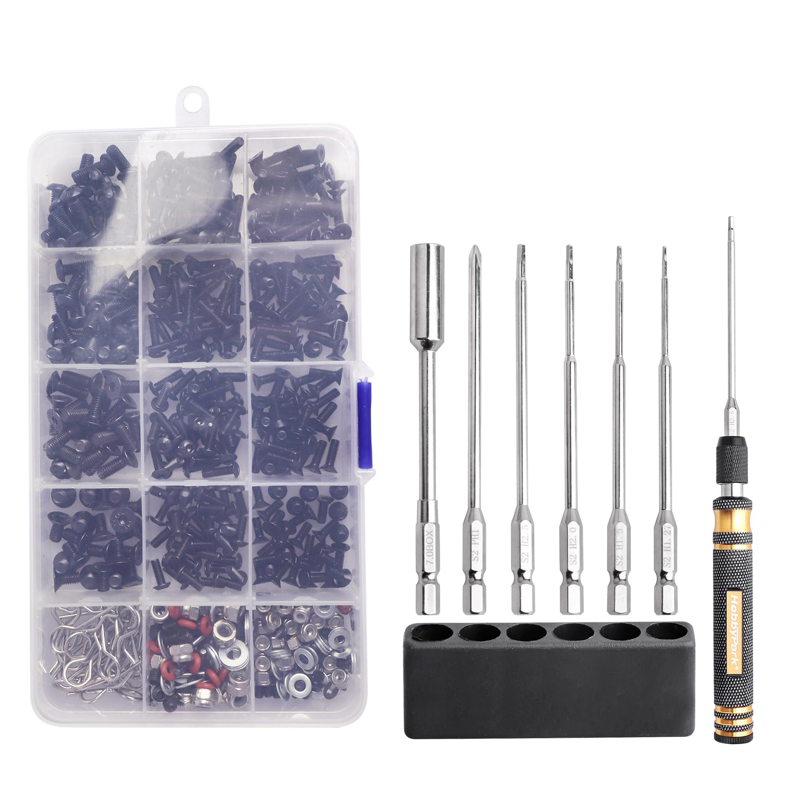 HobbyPark RC Car Screws Kit 530pcs & Tools Screw Driver Set 1/4 inch Hex Handle 1.27/1.5/2.0/2.5mm Hex Nut Driver 7mm Phillips Bit