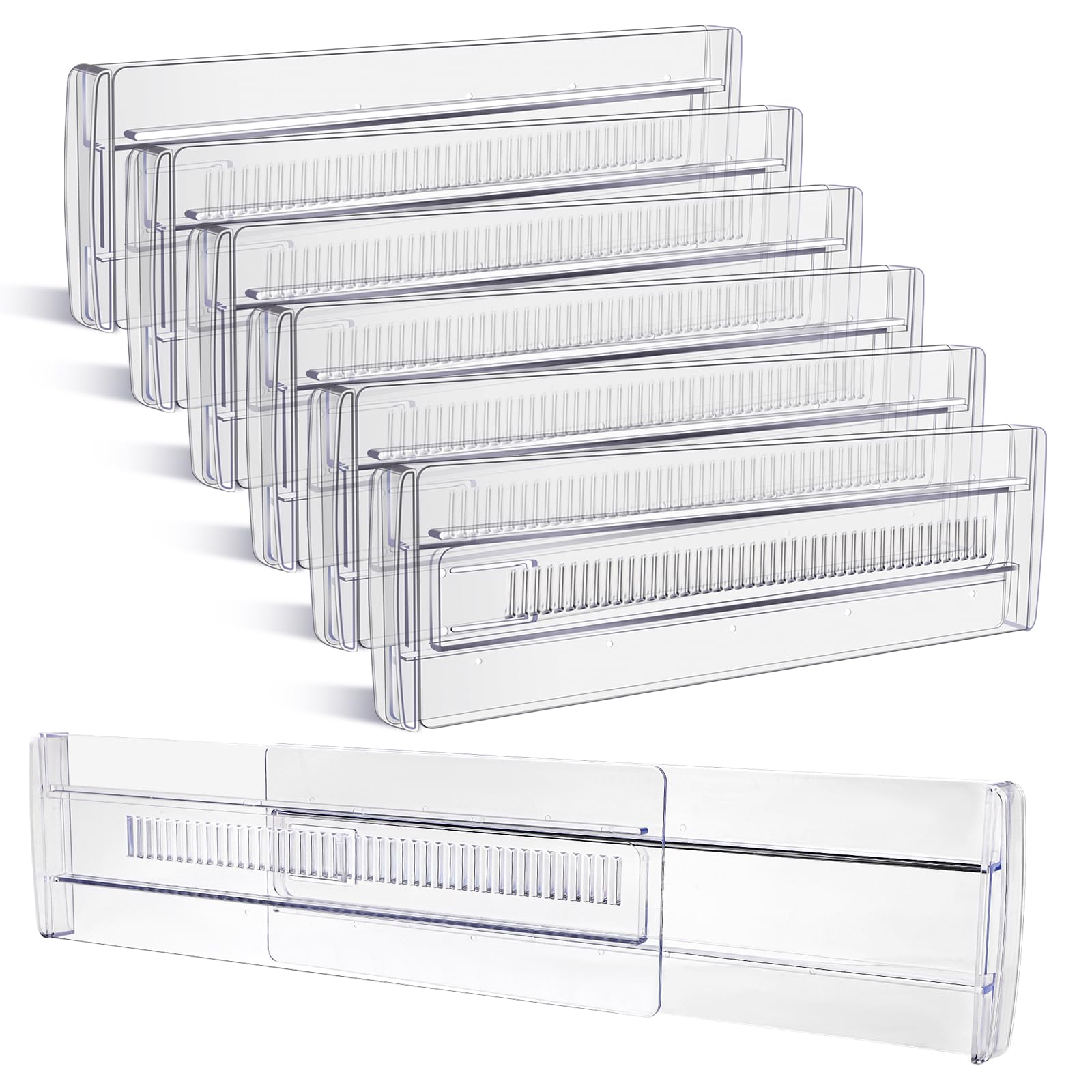 Drawer Dividers, 6 Pack Adjustable Drawer Organizers 3.2" High Expandable from 11.3-20" Clear Expandable Dresser Organizer for Clothes Kitchen Utensils Cutlery Drawer Organizers Set