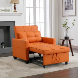 NicBex Futon Chair Bed Convertible Chair 3-in-1 Pull Out Leather Sleeper Chair Beds with USB Ports, Wear-Resistant and Anti-Scratch, Armchair Bed Sleeper for Living Room, Apartment, Orange