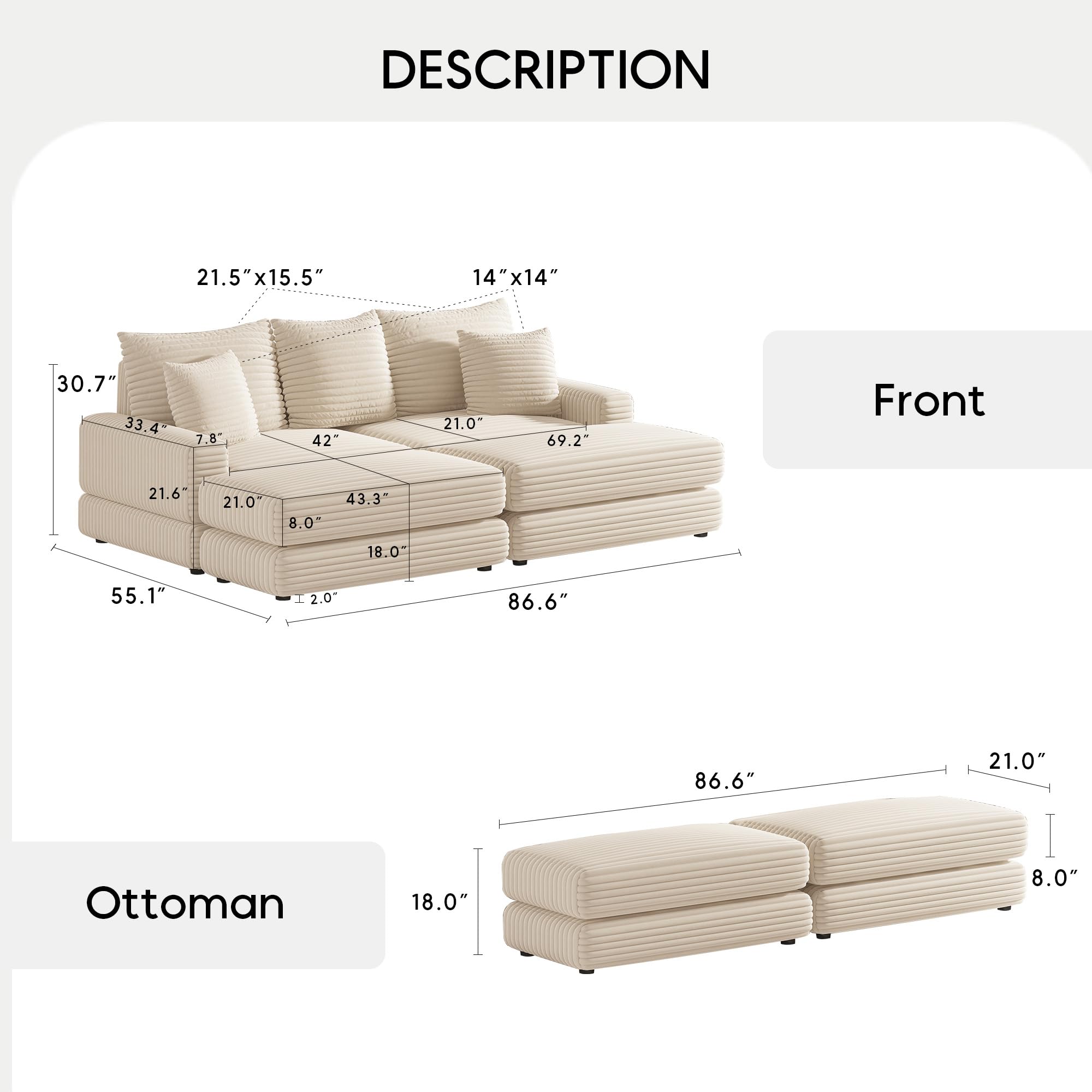 Yoglad Corduroy Fabric Modular Sectional Sofa,Cloud Loveseat,Comfy Deep Plush Couch with Ottomans and Toss Pillows,for Small Spaces, Living Room,Bedroom, Office(Beige)