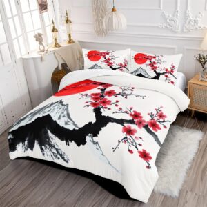 CCoutueChen Japanese Cherry Duvet Cover Queen Size, Blossom Botanical Floral Comforter Cover, Abstract Fuji Mountain Bedding Set, Soft and Breathable with Zipper Closure & Corner Ties