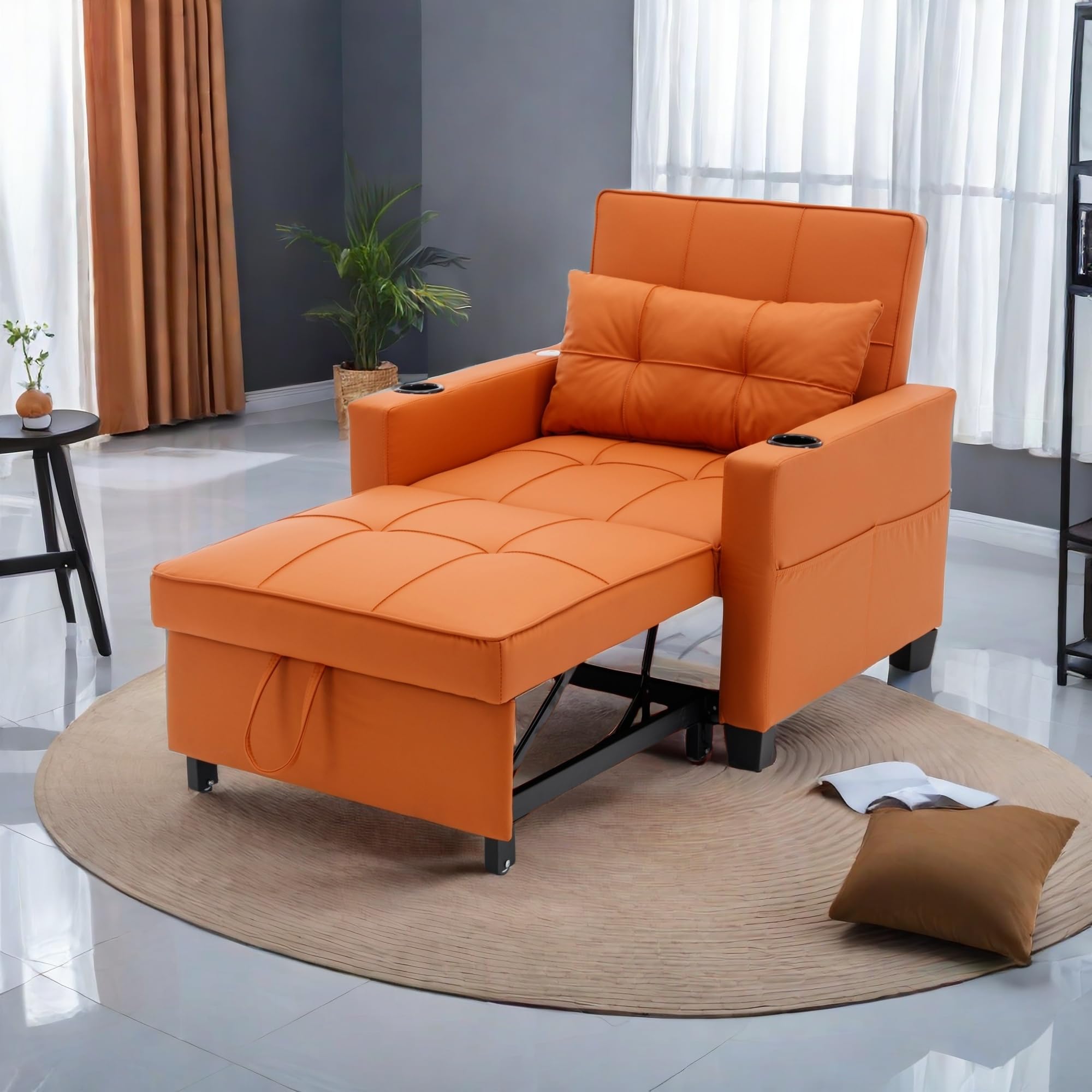 NicBex Futon Chair Bed Convertible Chair 3-in-1 Pull Out Leather Sleeper Chair Beds with USB Ports, Wear-Resistant and Anti-Scratch, Armchair Bed Sleeper for Living Room, Apartment, Orange