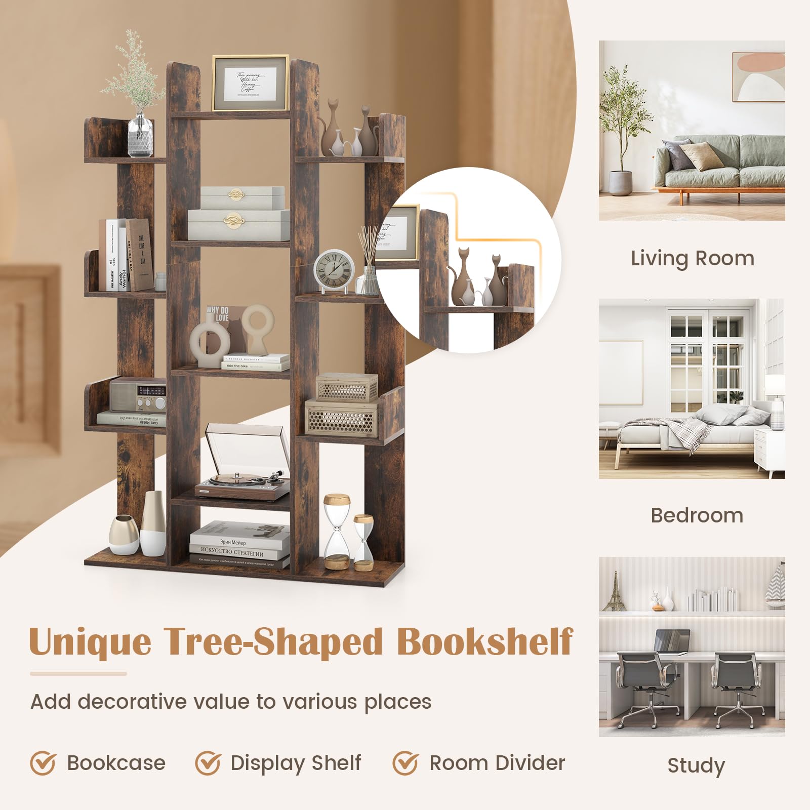 Giantex 7-Cube Tree Bookshelf, 55.5" Wooden Bookcase with 13 Open Shelves, Tall Corner Books Storage Organizer, Freestanding Decorative Display Cube Shelf for Living Room, Study (Rustic Brown)